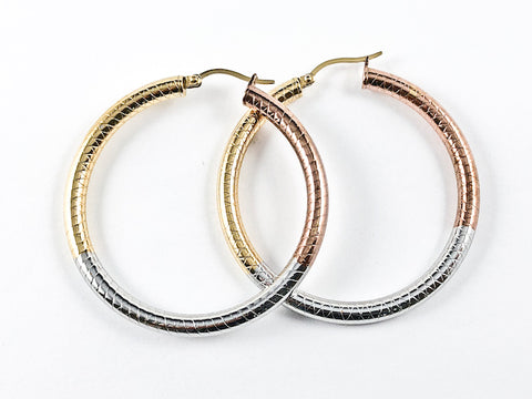 Modern Large Tri Color Tone Textured Steel Hoop Earrings