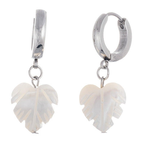 Unique Mother Of Pearl Leaf Charm Steel Huggie Earrings