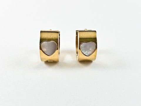 Modern Cute Dainty Design With Heart Mother Of Pearl Gold Tone Huggie Steel Earrings