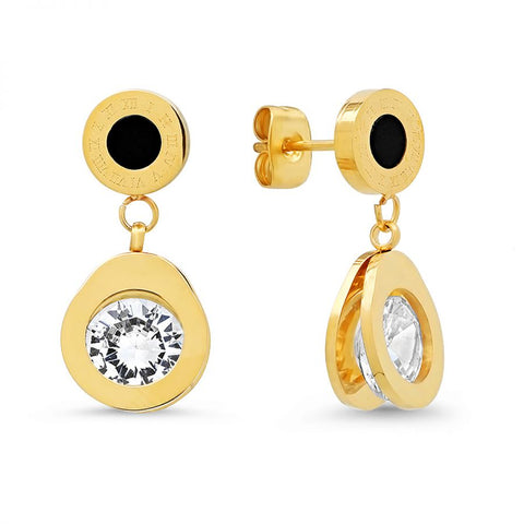 Beautiful Round Disc Black Enamel With Roman Numerals CZ Drop Gold Tone Steel Earrings