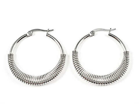 Nice Textured Lower Rings Design Silver Tone Steel Hoop Earrings