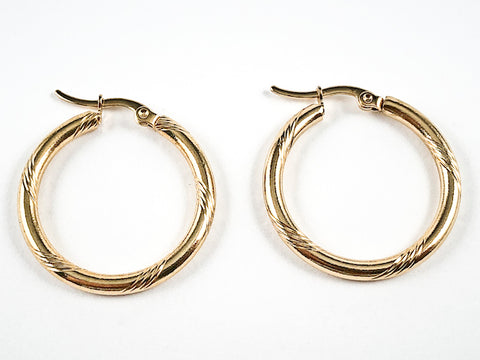 Nice Textured Shiny Metallic Gold Tone Hoop Steel Earrings