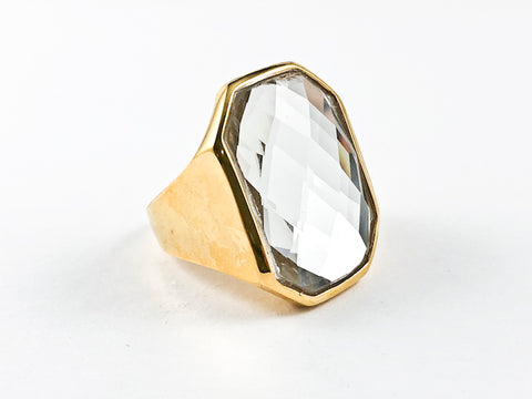 Beautiful Large Rounded Rectangle Shape Elegant Single CZ Stone Gold Tone Steel Ring