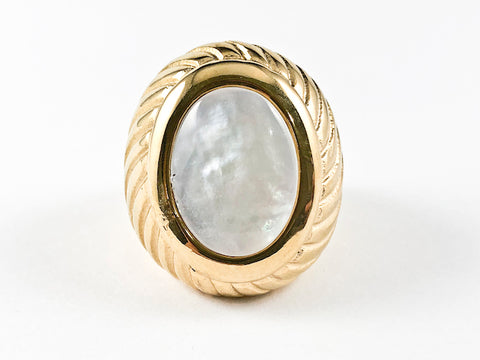 Large Oval Shape Mother Of Pearl Center Stone Textured Band Steel Ring