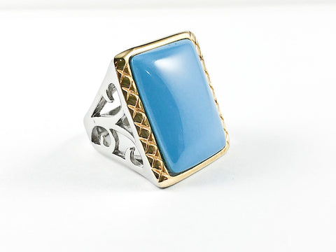 Fun Large Rectangular Shape Turquoise Color Center Stone Two Tone Brass Ring