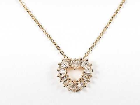 Elegant Heart Shape Baguette CZ Pendant Gold Tone Steel Necklace