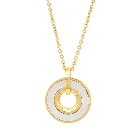 Beautiful Circle With Mother Of Pearl & Roman Numerals Design Gold Tone Steel Necklace