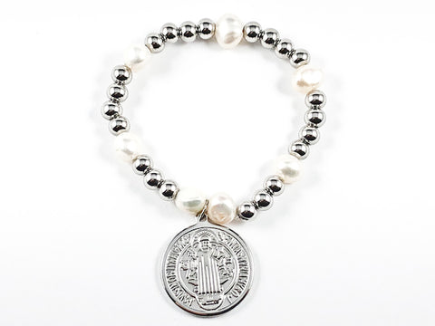 Religious Round Double Sided Saint Benedict/ San Benito Charm Ball Beads & Pearl Stretch Steel Bracelet