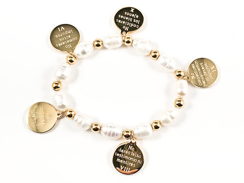 Nice Pearl & Round Religious 10 Commandments  Gold Tone Disc Steel Stretch Bracelet
