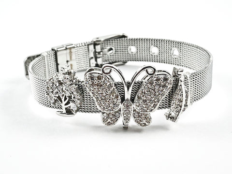 Beautiful Mesh Band With Mix CZ Design Charm Steel Bracelet