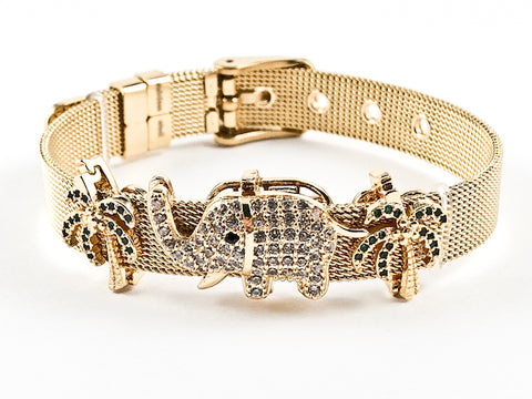 Beautiful Mesh Band With Mix CZ Design Charm Gold Tone Steel Bracelet