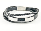Nice Layered Multi String Black Leather & Rope Men's Steel Bracelet