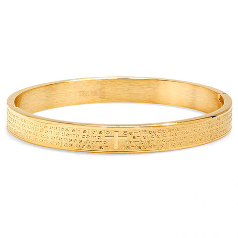 Religious Our Father Lord's Prayer Spanish Gold Tone Metallic Steel Bangle