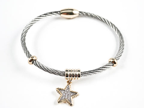 Beautiful Textured Cable Wire Style Magnetic Clasp Two Tone Dangle Star CZ Steel Bangle