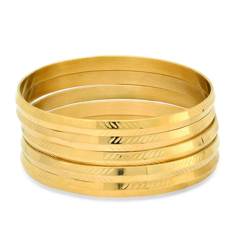 Nice Textured 5 Piece Set Shiny Metallic Style Gold Tone Steel Bangles