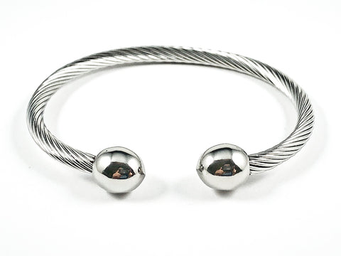 Nice Wire Textured Band Duo Shiny Metallic Ball End Points Steel Bangle