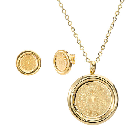 Round Religious Prayer Charm Necklace and Earring Steel Set