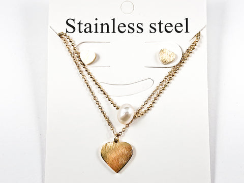 Nice Double Layered Design Pearl & Gold Tone Brush Heart Charm Earring Necklace Steel Set