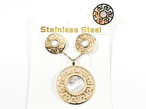 Unique 3 Item Set Round Shape Center Mother Of Pearl Greek Accents Gold Tone Steel Set