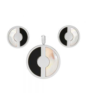 Classic Elegant Round Black White Design Earring Pendant Steel Set