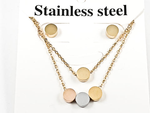 Nice Tri Tone & Color Shiny Metallic Circular Disc Layered Necklace Earring Gold Tone Steel Set