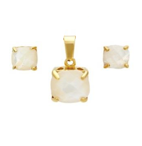 Modern Elegant Square Cut MOP Pendant Earring Steel Set