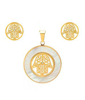 Modern Round Hamsa Hand With MOP Frame Pendant Earring Steel Set