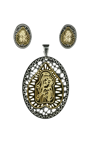 Classic 2 Tone Religious Figure With Child Pendant Earring Steel Set