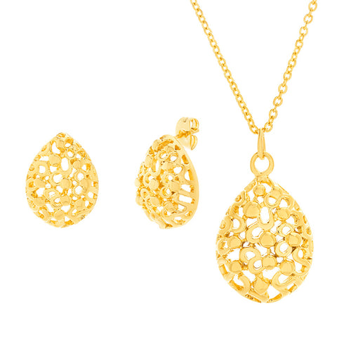 Modern Unique Textured Pattern Pear Shaped Earring Necklace Steel Set