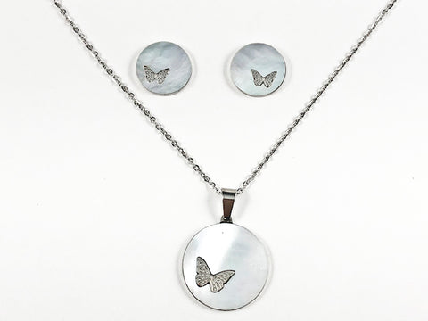 Beautiful Round Mother Of Pearl Disc With Cute Butterfly Design Silver Tone Earring Necklace Set