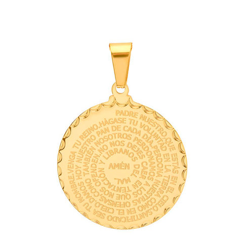 Classic Round Disc Spanish Padre Nuestro Prayer Gold Tone Steel Pendant