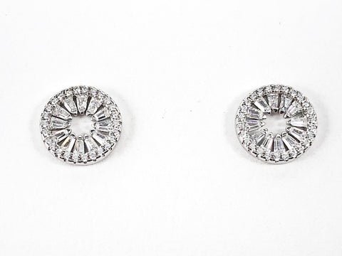 Classic Elegant Round Shape Form Baguette CZ Open Center Silver Stud Earrings