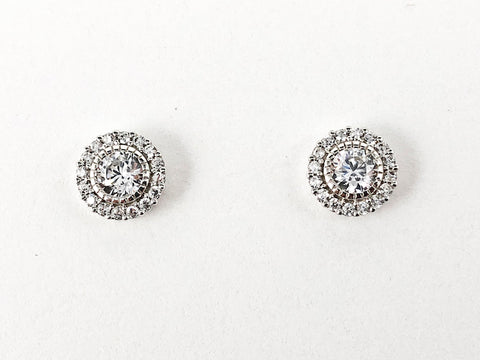 Elegant Round Halo Micro CZ Design Silver Stud Earrings