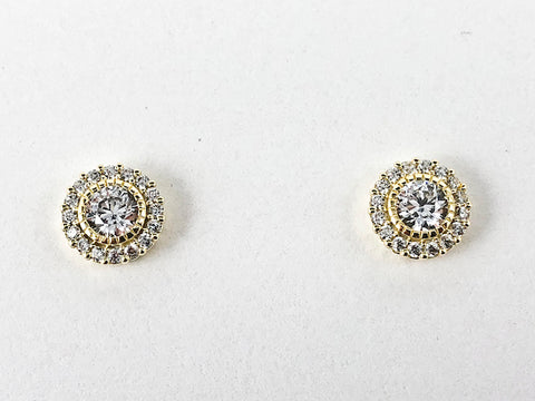 Elegant Round Halo Micro CZ Design Gold Tone Silver Stud Earrings