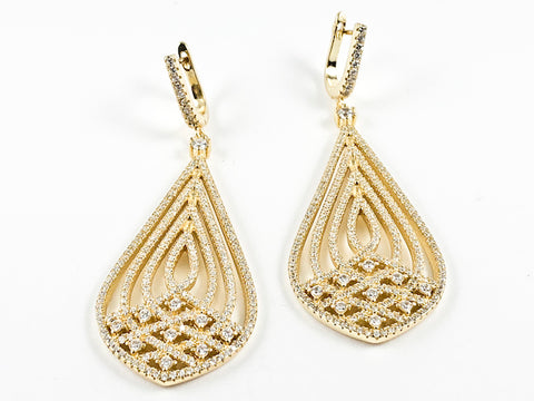 Elegant Stylish Layered Large Tear Drop Micro CZ Setting Gold Tone Latch Back Silver Earrings