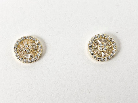 Elegant Round Mix Micro CZ Design Gold Tone Stud Silver Earrings