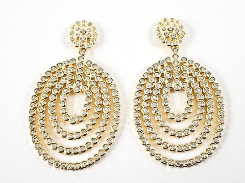 Elegant Large Bezel CZ Setting Style Round & Oval Shape Dangle Gold Tone Silver Earrings