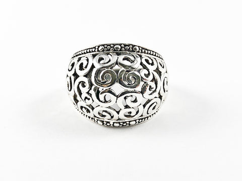 Modern Metallic Swirl Texture Dome Design Silver Ring
