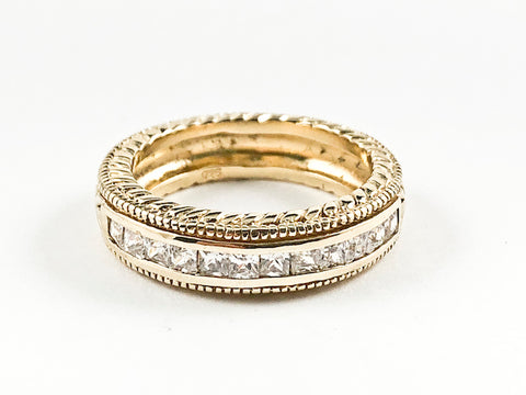 Beautiful Textured Top Bottom Middle CZ Row Gold Tone Silver Band Ring
