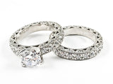 Classic Antique Style 2 Piece Set Textured Band Center Crown CZ Setting Silver Ring