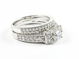 Classic Beautiful 2 Piece Set Textured CZ Setting Center Round Crown Setting Silver Ring