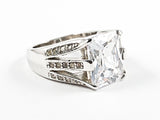 Beautiful Center Detailed Rectangle Shape CZ With Multi CZ Row Sides Silver Ring