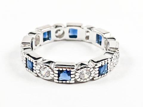 Elegant Beautiful Round & Sapphire Square CZ Eternity Silver Band Ring