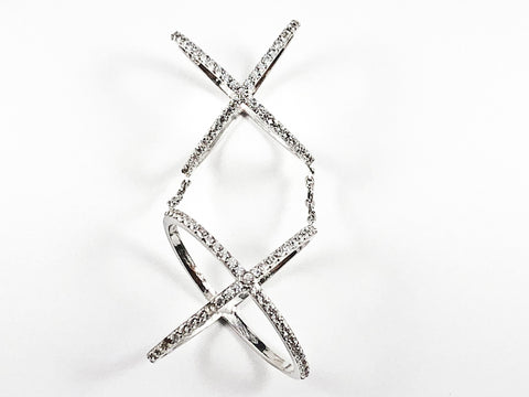 Unique Double Top & Bottom X Shape & Form CZ Silver Ring