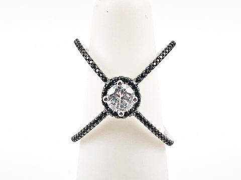 Elegant Beautiful Large X Shape & Form Black CZ With Center Large Round CZ Silver Ring