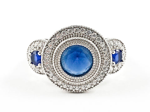 Beautiful Elegant Round Shape Sides & Center Sapphire CZ Trillion Style Design Silver Ring