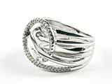 Elegant Multi Layer Crossover With Center CZ Circle Swirl Design Silver Ring