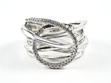 Elegant Multi Layer Crossover With Center CZ Circle Swirl Design Silver Ring