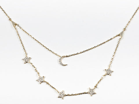 Elegant Dainty Moon & Star Charms Layered Delicate Gold Tone Silver Necklace