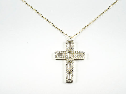 Elegant Mix Baguette Style Rectangle Shape CZ Cross Pendant Gold Tone Silver Necklace